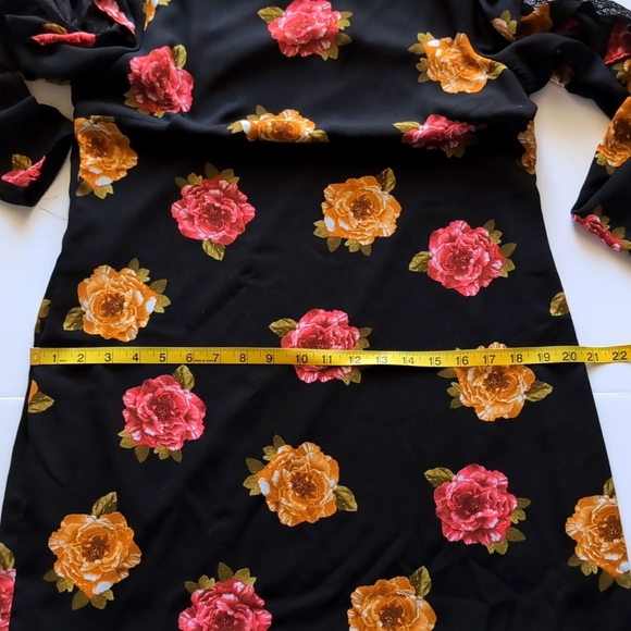 Nicole Miller Studio Women's Black Red Orange Floral Ruffle Long Sleeve Dress - Picture 13 of 16